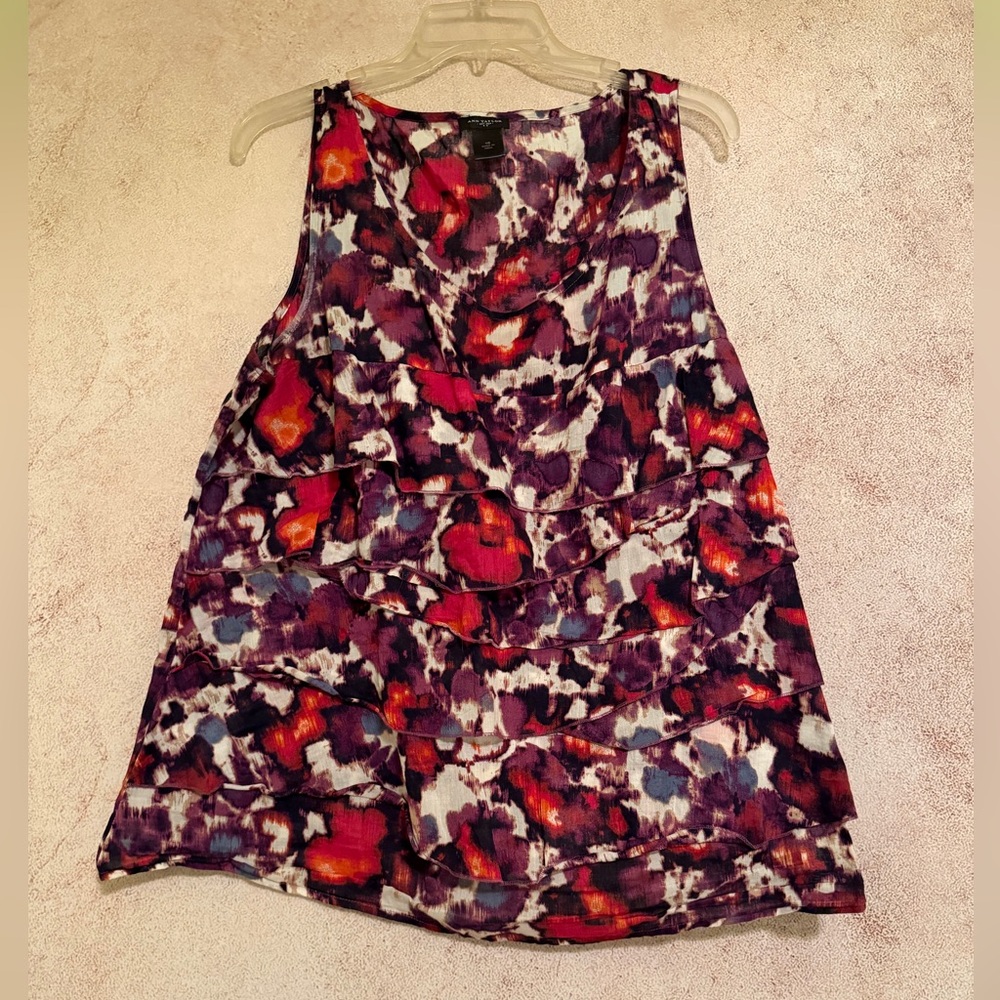 Ann Taylor Purple Floral Ruffle Tank with Red and Cream Accents